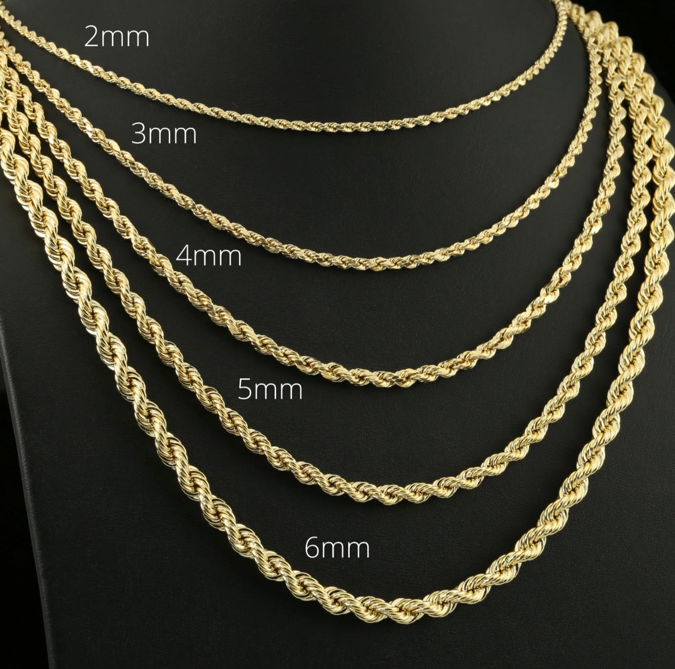 14K Yellow Gold Rope Chains: 2MM -6MM 22”