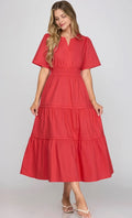 RED SHORT SLEEVE POPLIN WOVEN V NECK TIERED MIDI DRESS WITH POCKETS pre-order available September 1st 2026