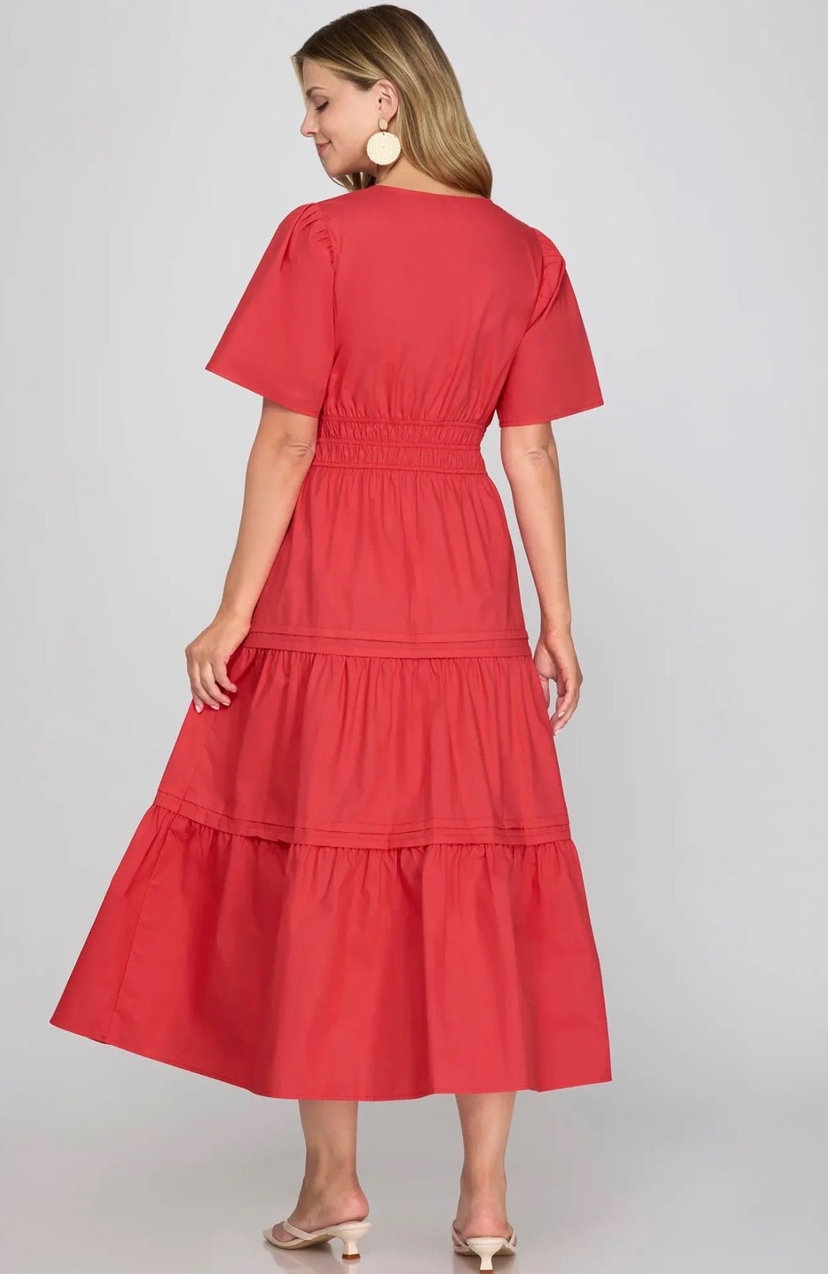 RED SHORT SLEEVE POPLIN WOVEN V NECK TIERED MIDI DRESS WITH POCKETS pre-order available September 1st 2026