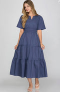 NAVY SHORT SLEEVE POPLIN WOVEN V NECK TIERED MIDI DRESS WITH POCKETS  pre-order available September 1st 2026
