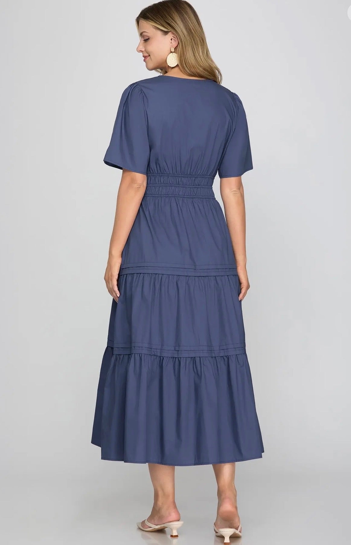 NAVY SHORT SLEEVE POPLIN WOVEN V NECK TIERED MIDI DRESS WITH POCKETS  pre-order available September 1st 2026