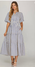 NAVY STRIPPED PUFF SLEEVE PINTUCK TIERED STRIPE WOVEN MIDI DRESS WITH ELASTIC WAISTBAND AND  Pre-order SEPTEMBER 1ST 2026