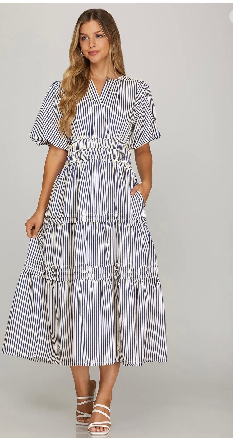 NAVY STRIPPED PUFF SLEEVE PINTUCK TIERED STRIPE WOVEN MIDI DRESS WITH ELASTIC WAISTBAND AND  Pre-order SEPTEMBER 1ST 2026