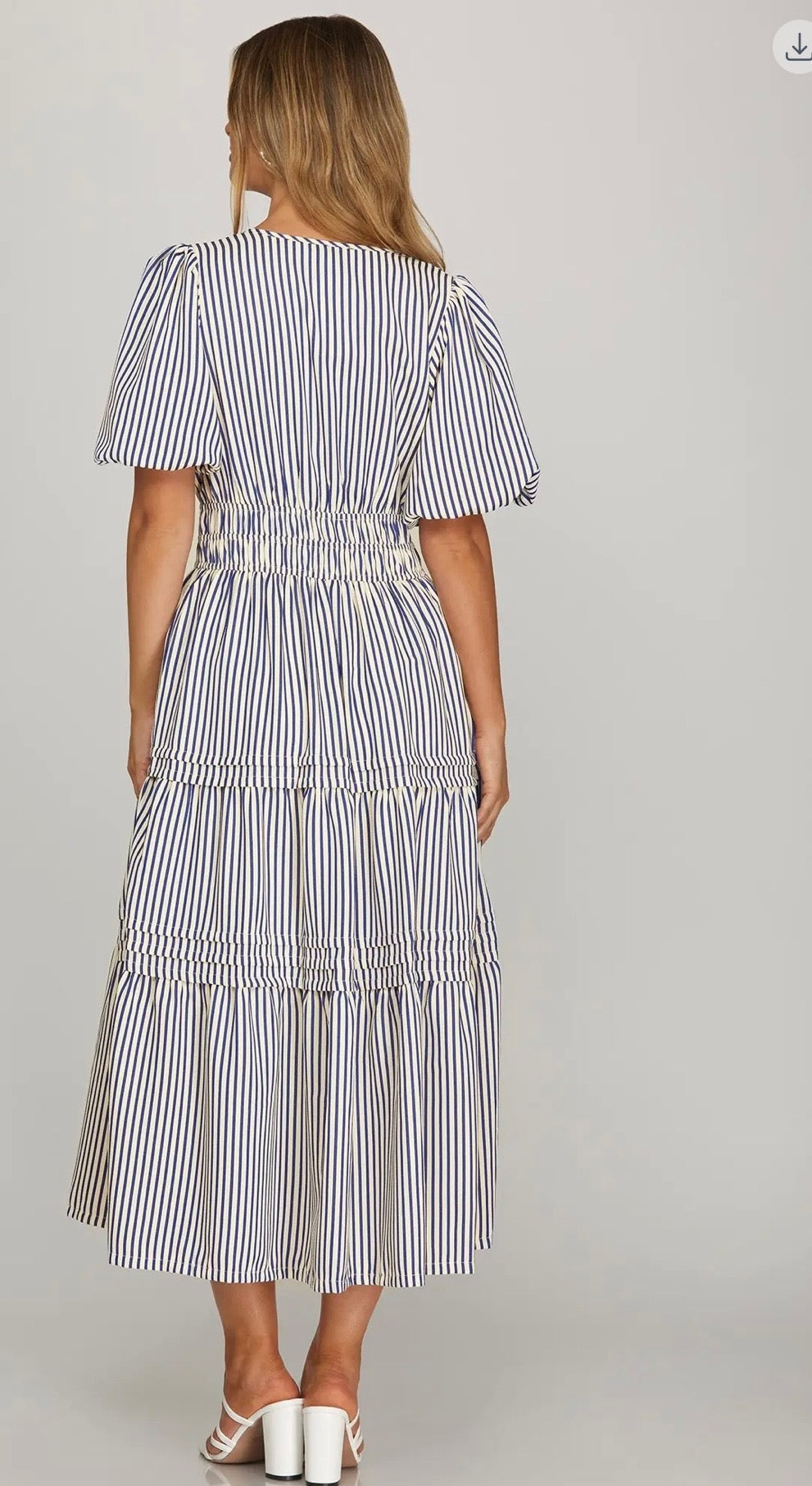NAVY STRIPPED PUFF SLEEVE PINTUCK TIERED STRIPE WOVEN MIDI DRESS WITH ELASTIC WAISTBAND AND  Pre-order SEPTEMBER 1ST 2026